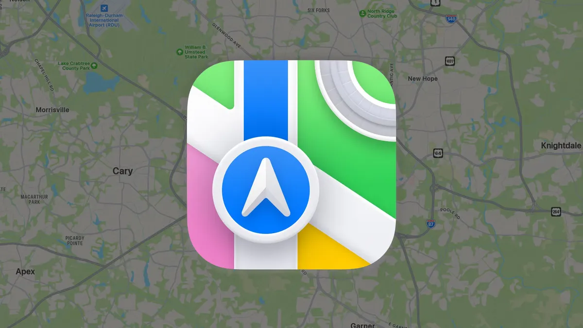 The Apple Maps app icon over a regional map