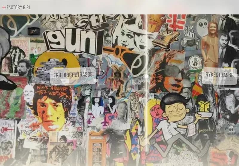 Screenshot of the FACTORY GIRL homepage on factorygirl.net: the FACTORY GIRL logo over a colourful collage wall, with cards for its two cafés, Friedrichstrasse in Mitte and Rykestrasse in Prenzlauer Berg.