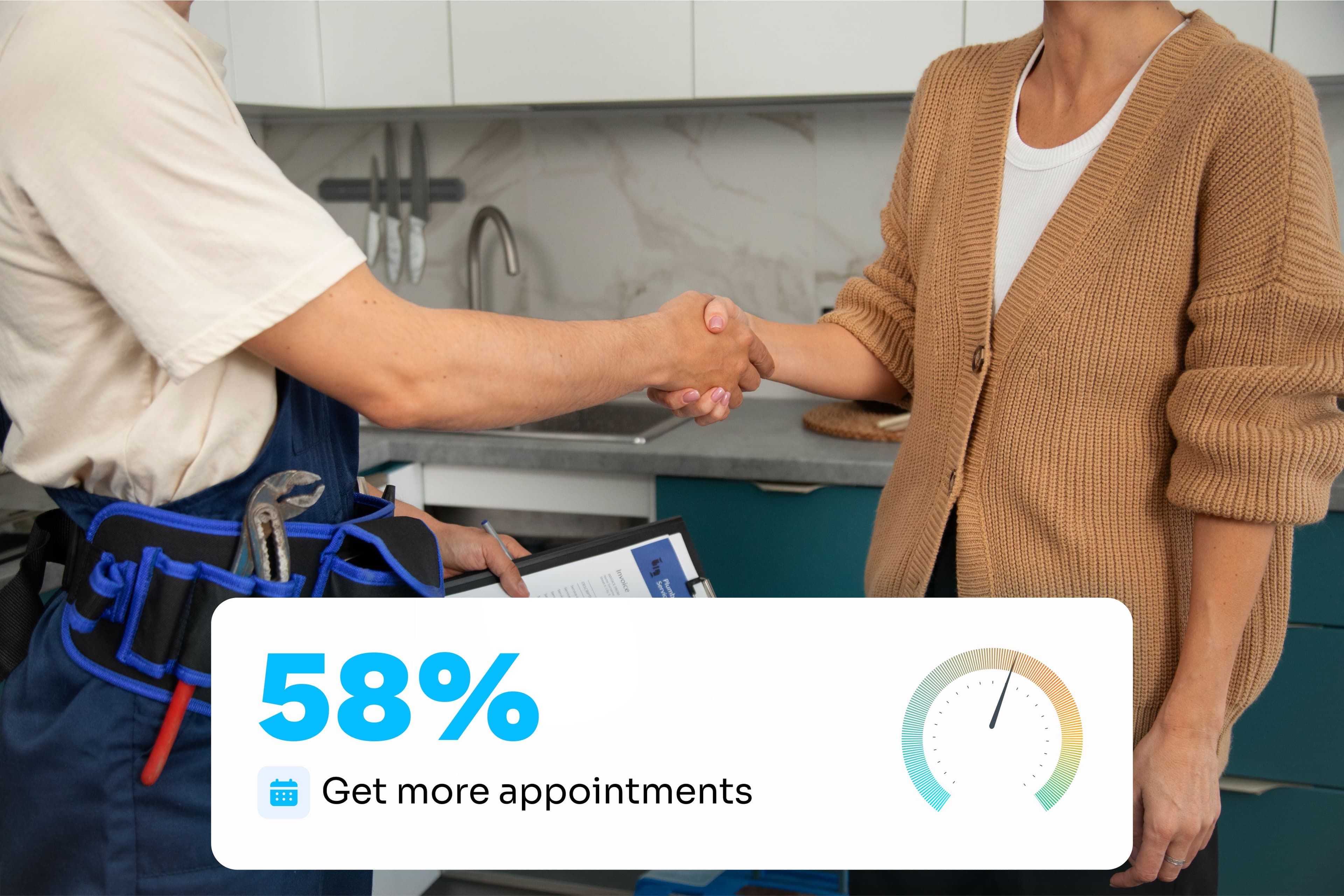Infographic with 58% appointment growth is shown in front of a plumber shaking the hand of a customer