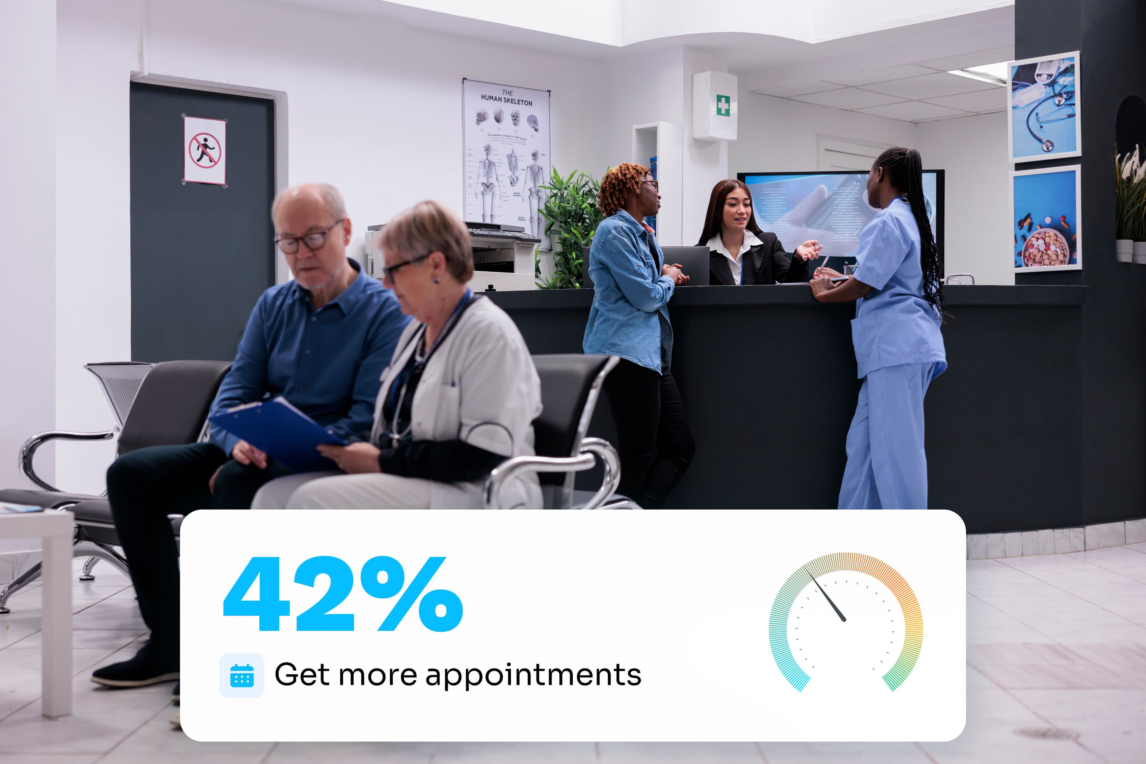 Increased number of appointments by 42% for doctors shown in an infographic in front of a clinic waiting room