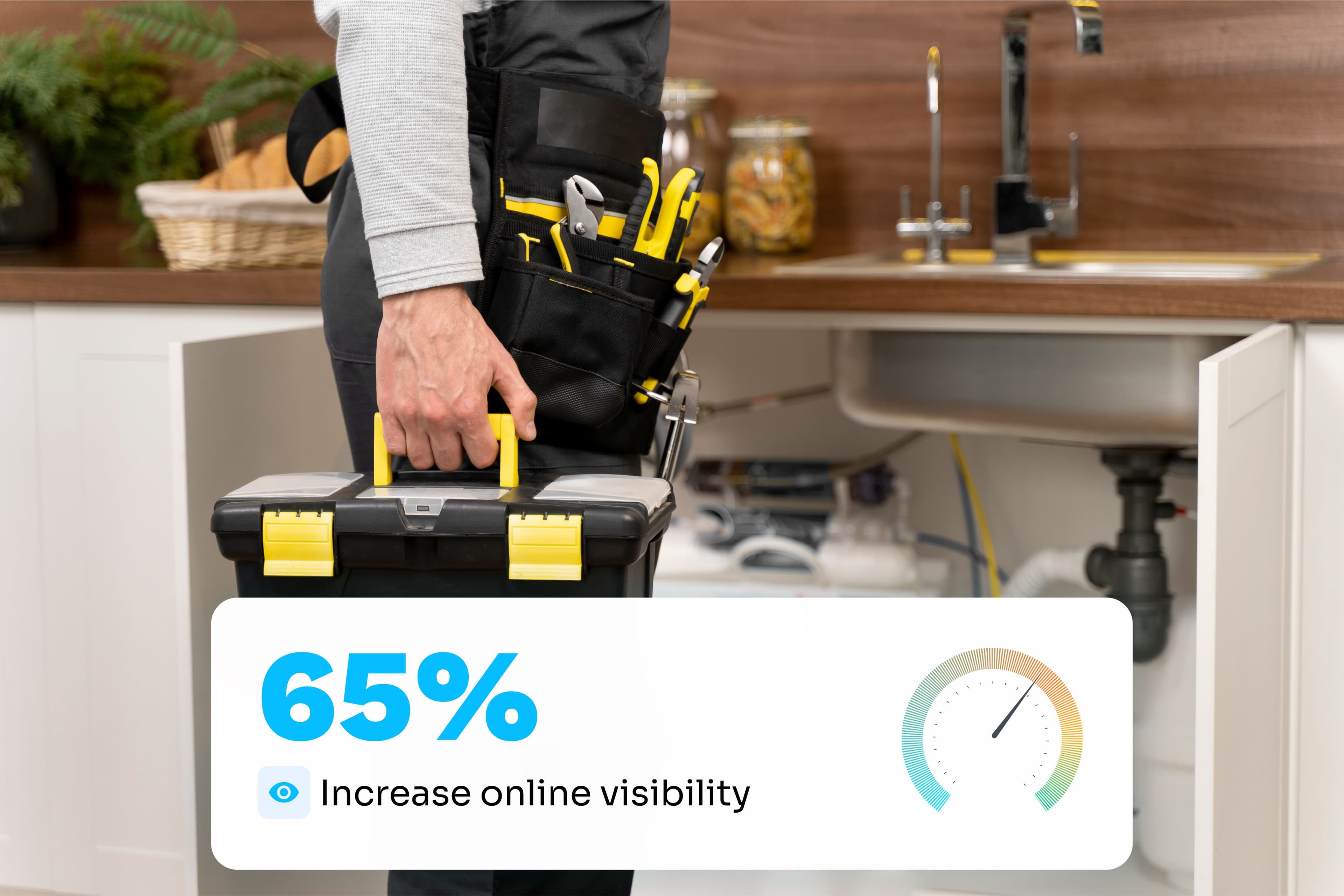 Plumber with tool box is standing behind an infographic that shows 65% growth in online visibility
